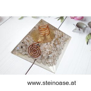 Orgonit Pyramide: Mondstein & Blume des Lebens & Herkimer Kristall & Spirale